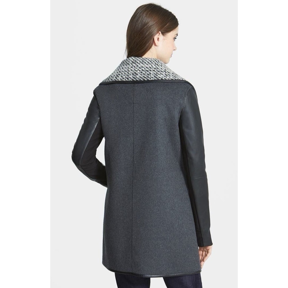 Vera Wang Faux Leather Sleeve Wool Blend Coat Black Grey M